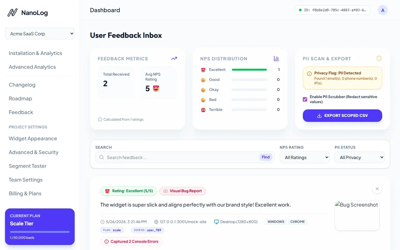 NanoLog Feedback Inbox