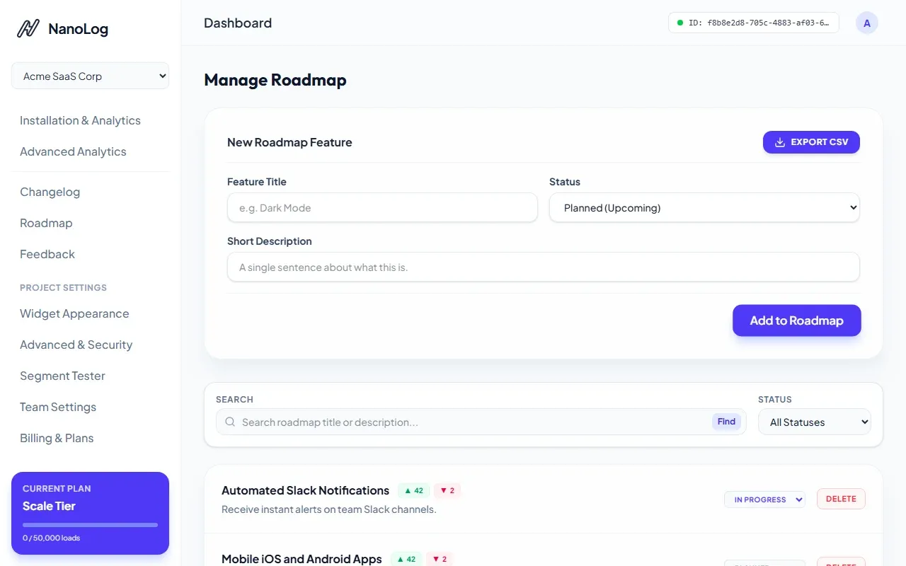NanoLog Dashboard Kanban Roadmap Planner