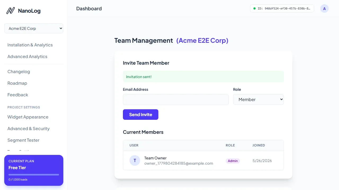 NanoLog Dashboard Team and Access Settings