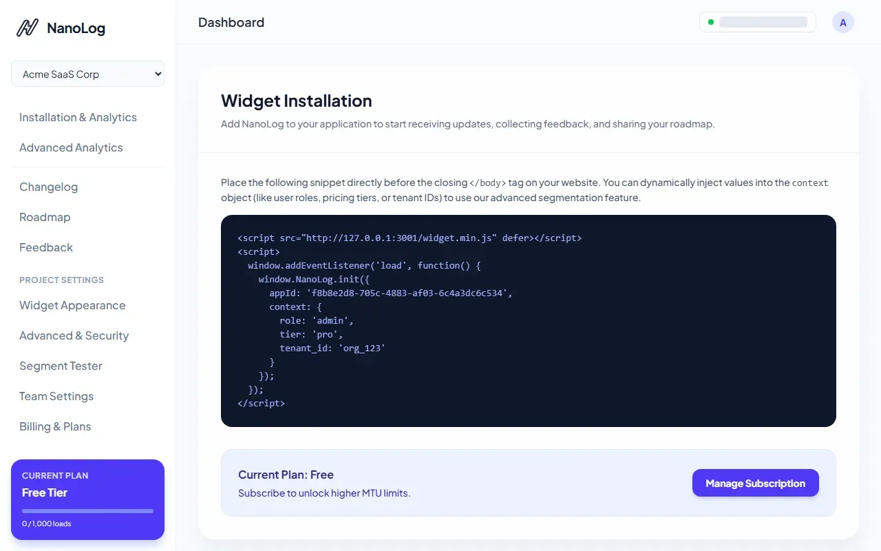 NanoLog Dashboard Workspace