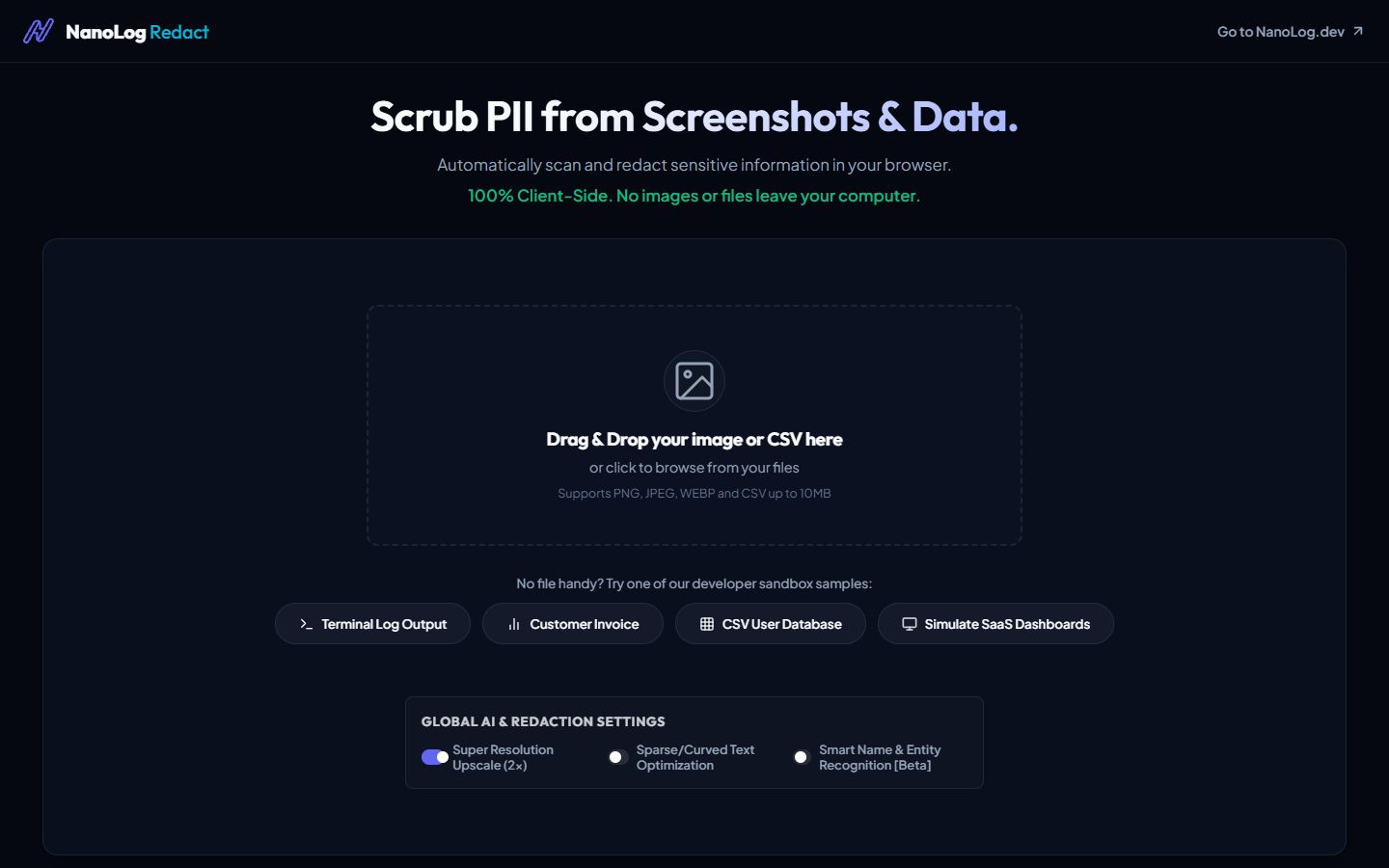 ByePii (formerly Redact NanoLog): Zero-Trust Client-Side PII Redaction Engine